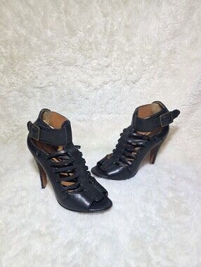 Elizabeth and James E-Luella Black Leather Strappy Peep Toe Heels Size 7.5